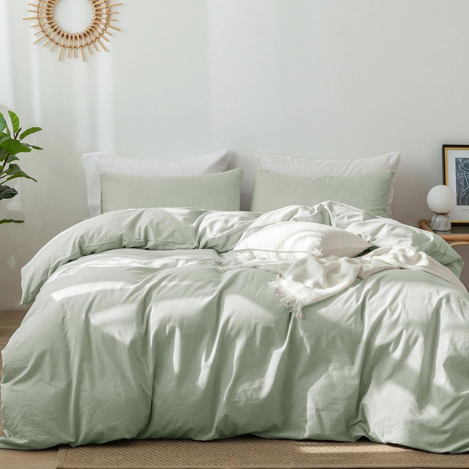 MOOMEE 100% Washed Cotton Linen Like Textured Duvet Cover Set