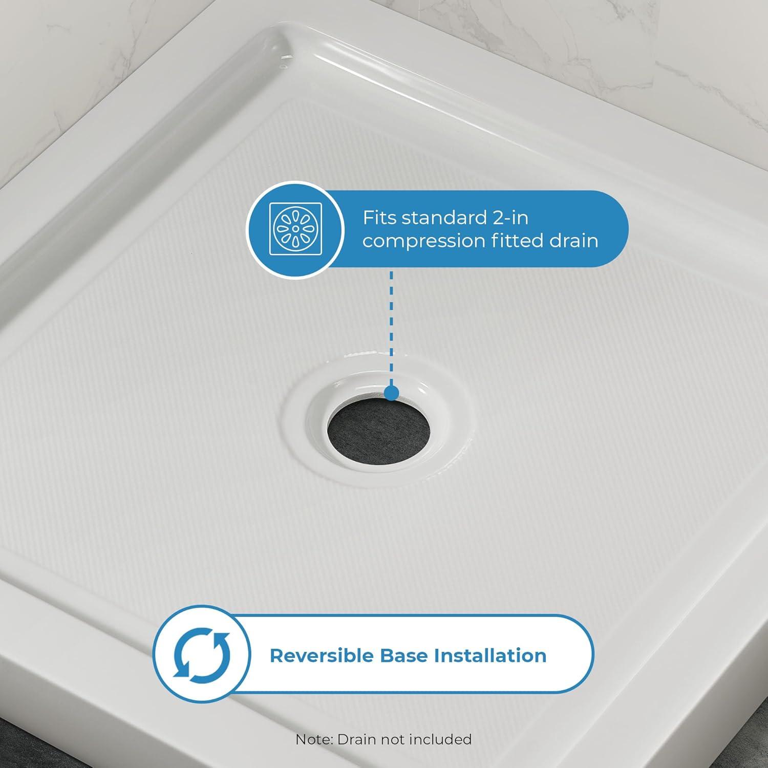 OVE Decors 34" x 32" Rectangle Shower Base Pan, White Acrylic, Center Drain, Reversible Design