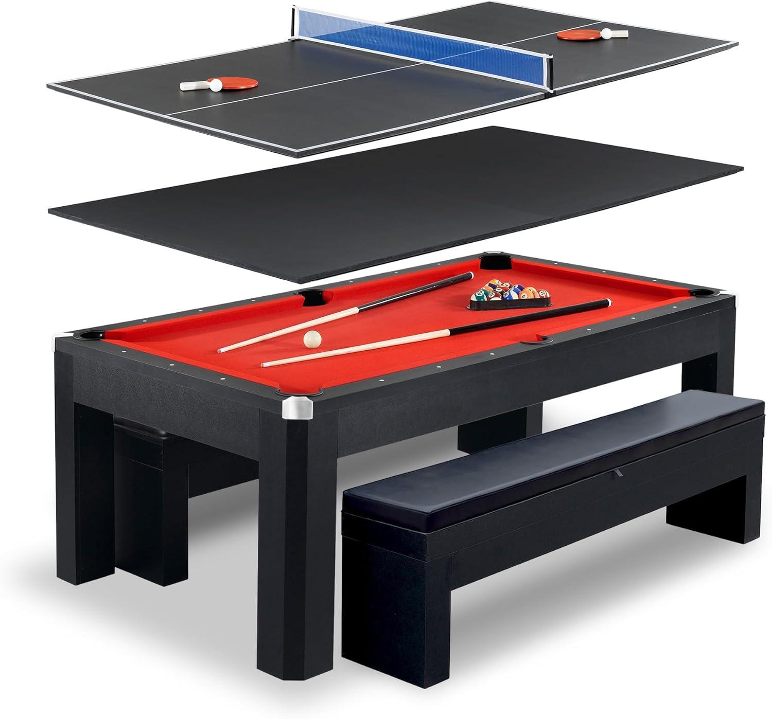 Hathaway Newport Stylish 7 Ft Multi Game Pool Table Combo with Dining Top and Ping Pong – Includes Benches for Home Storage and Accessories