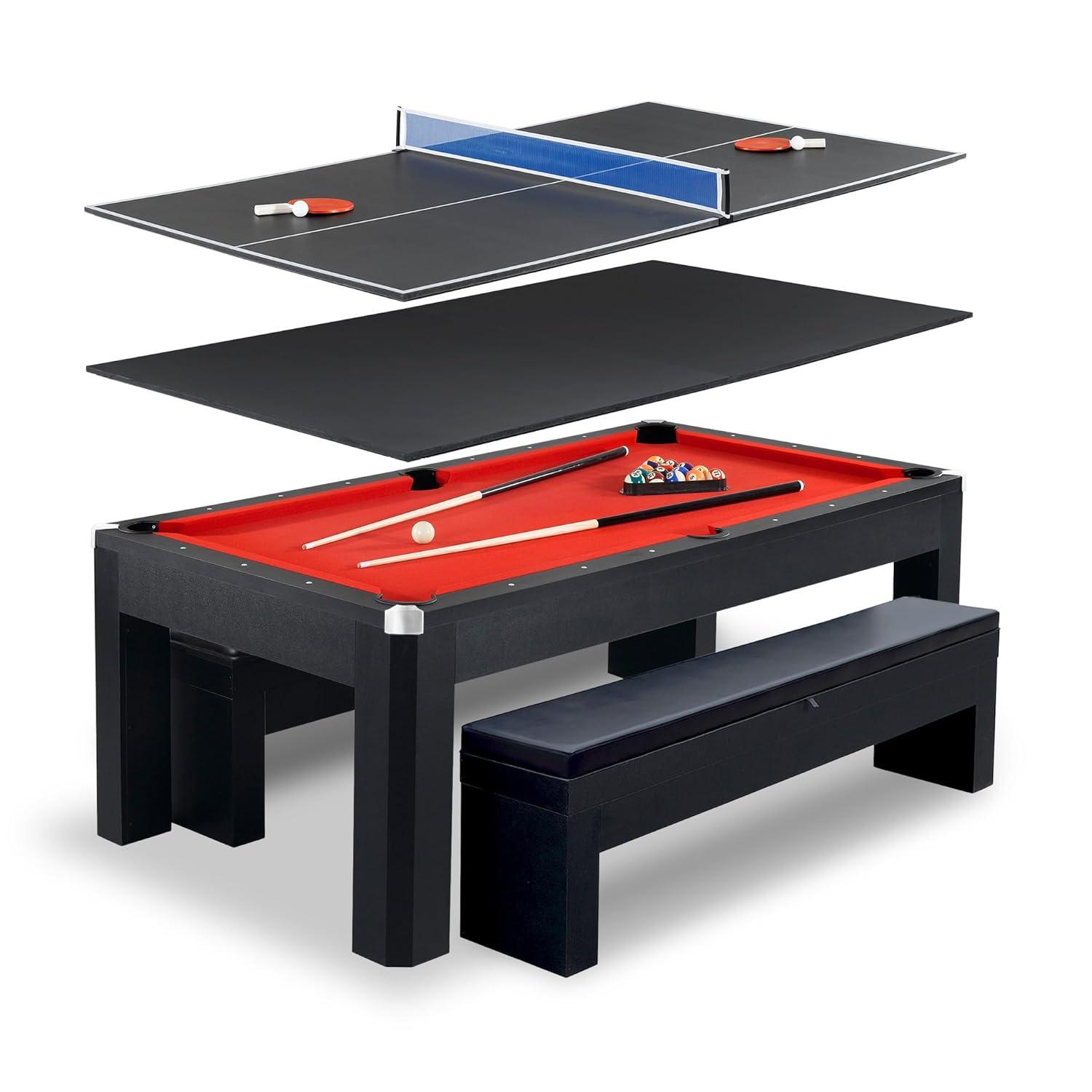 Hathaway Newport Stylish 7 Ft Multi Game Pool Table Combo with Dining Top and Ping Pong – Includes Benches for Home Storage and Accessories