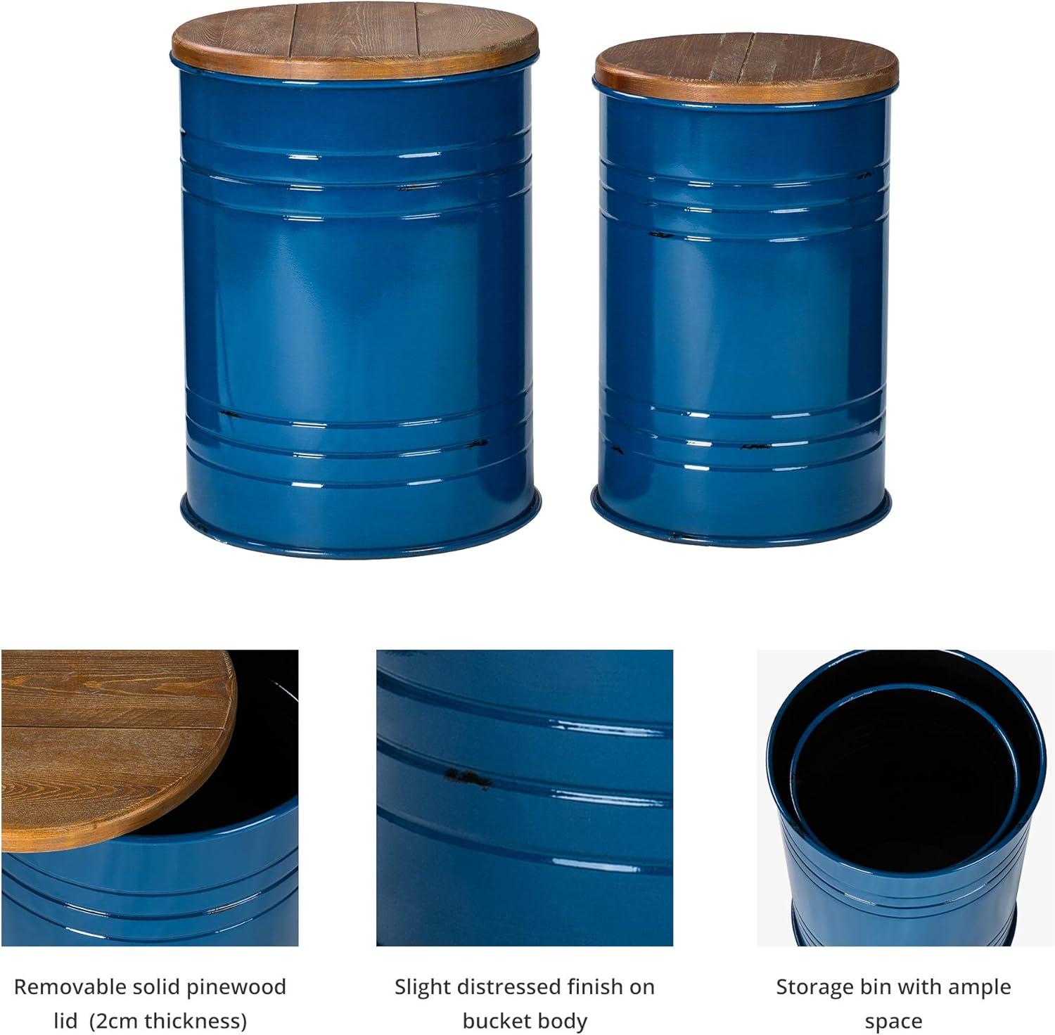 Glitzhome  Industrial Farmhouse Round Storage Side Tables (Set of 2) Solid Navy Blue Seating, Hidden Storage Side Tables