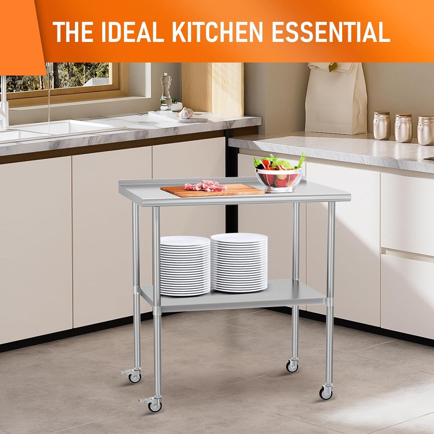 36"x24" Stainless Steel Kitchen Work Prep Table Commercial Workbench With Wheels