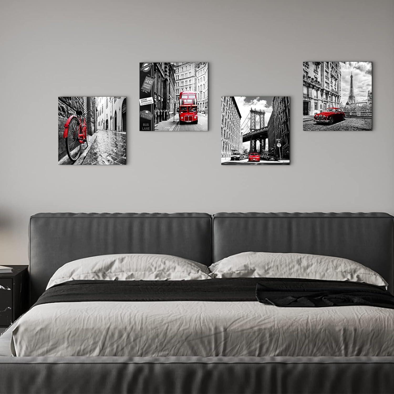 Black and White Wall Decor City Framed Canvas Wall Art for Living Room Red New York London Italy Paris Pictures Cityscape Modern Artworks Bedroom Bathroom Office Kitchen Home Decorations 16×16" 4 Pcs