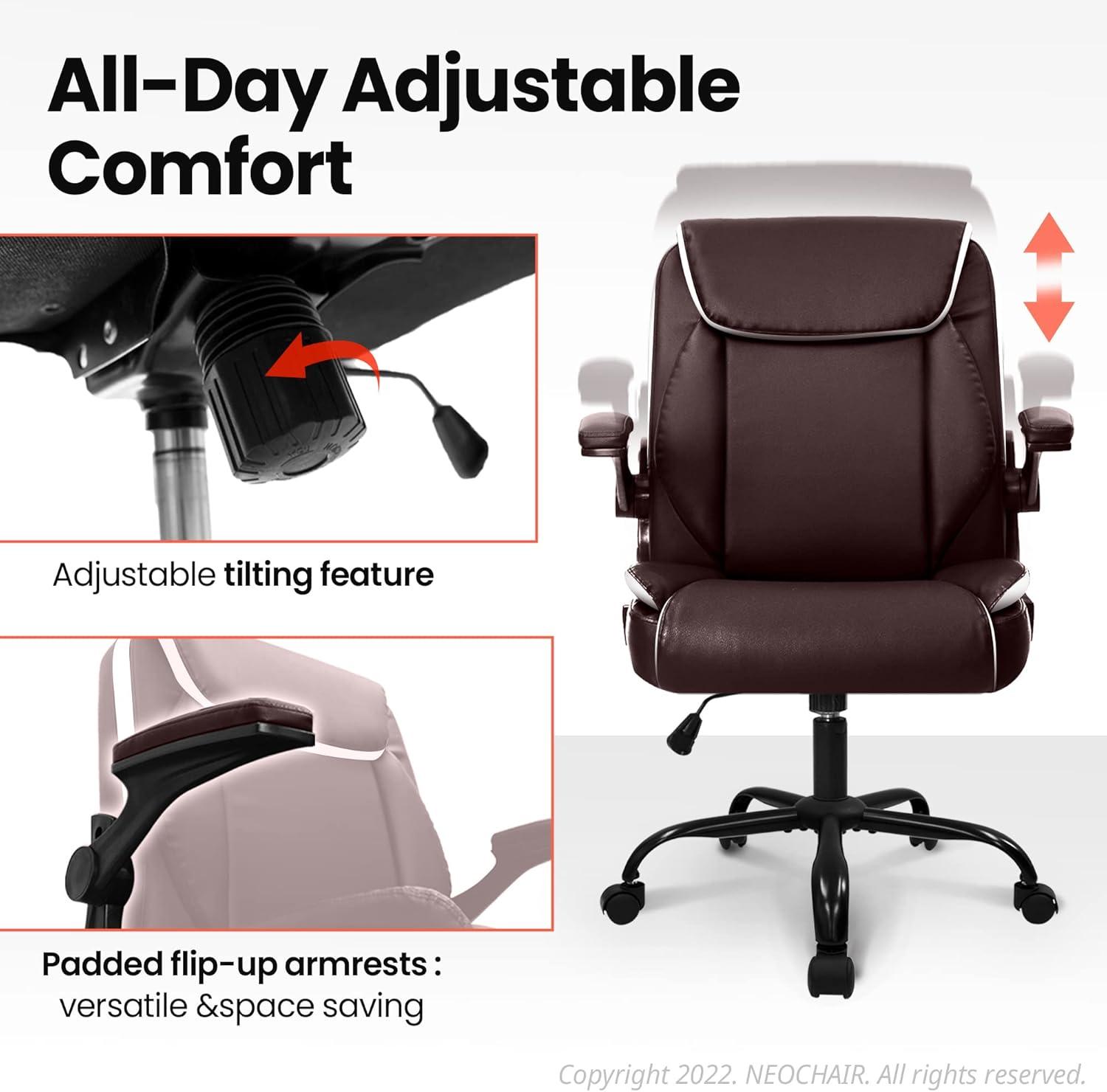 Neo Chair Mid Back Ergonomic Executive PU Leather Chair with Padded Flip-up Arms, Brown