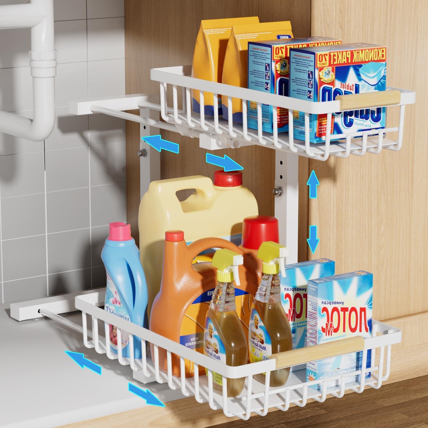 Rebrilliant Under Sink Organizer, 2 Tier Under Sink Organizers And Storage, Metal Slide Out Pull Out Cabinet Organizer ,2 Pack Sliding Drawer Organizer For Kitchen Bathroom Pantry