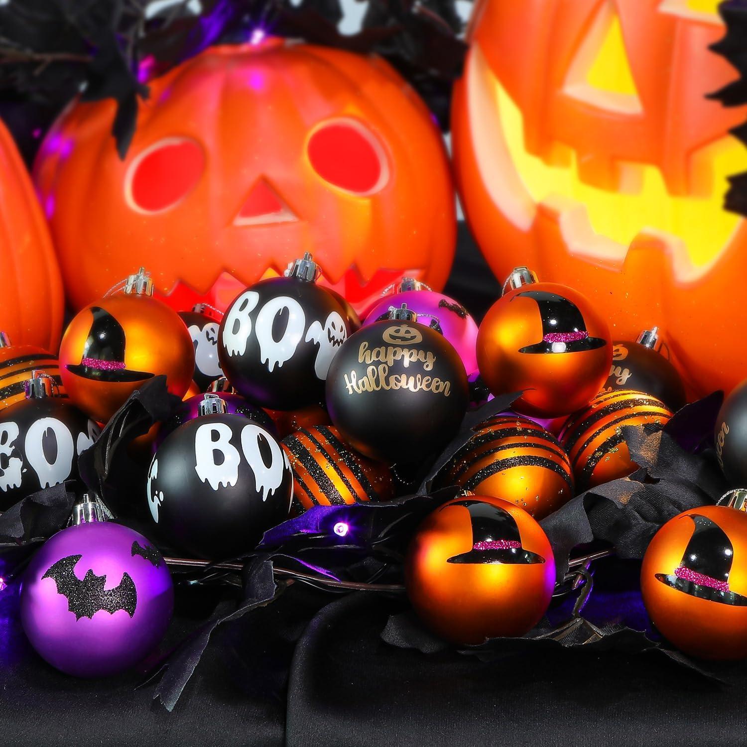 30CT 2.36 Inch Halloween Tree Ornaments, Colored Shatterproof Plastic Decorations Balls Baubles for Christmas Party Haunted House Decoration