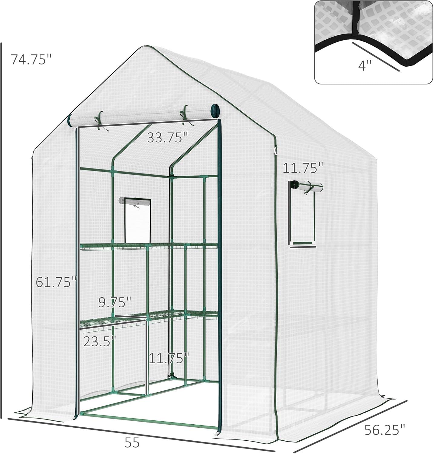 Outsunny 4.6' x 4.7' Portable Greenhouse, Water/UV Resistant Walk-In Small Outdoor Greenhouse with 2 Tier U-Shaped Flower Rack Shelves, Roll Up Door & Windows, White