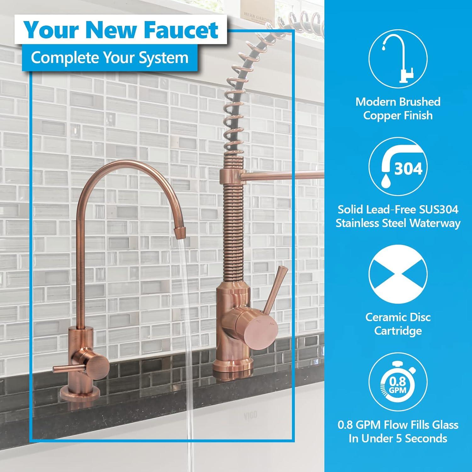 Modern Water Filter Faucet - Brushed Copper Faucet - 100% Lead-Free Drinking Water Faucet - Compatible with Reverse Osmosis Water Filtration Systems