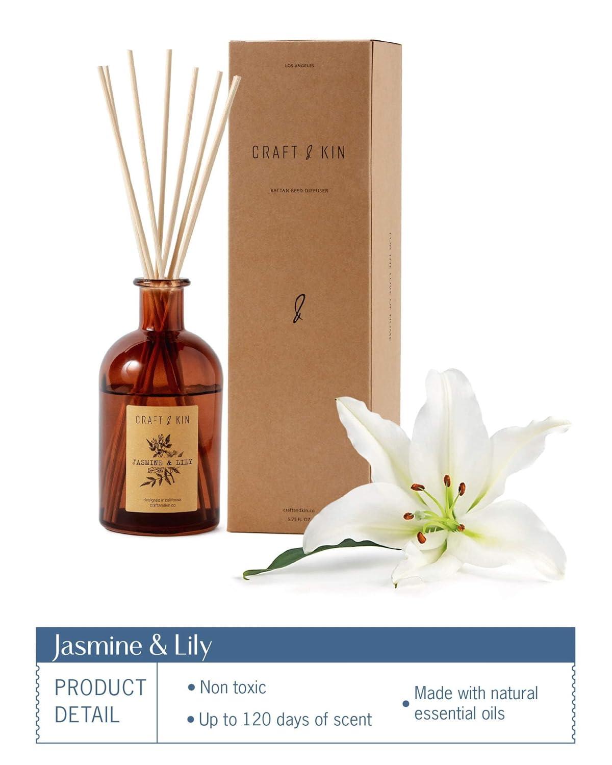 Craft & Kin Lily & Jasmine Diffuser Reed Diffuser | All Natural Essential Oil & 8 Rattan Scent Sticks | Reed Diffusers for Home, Bathroom | Long Lasting Home Fragrance in Amber Glass, 5.75oz