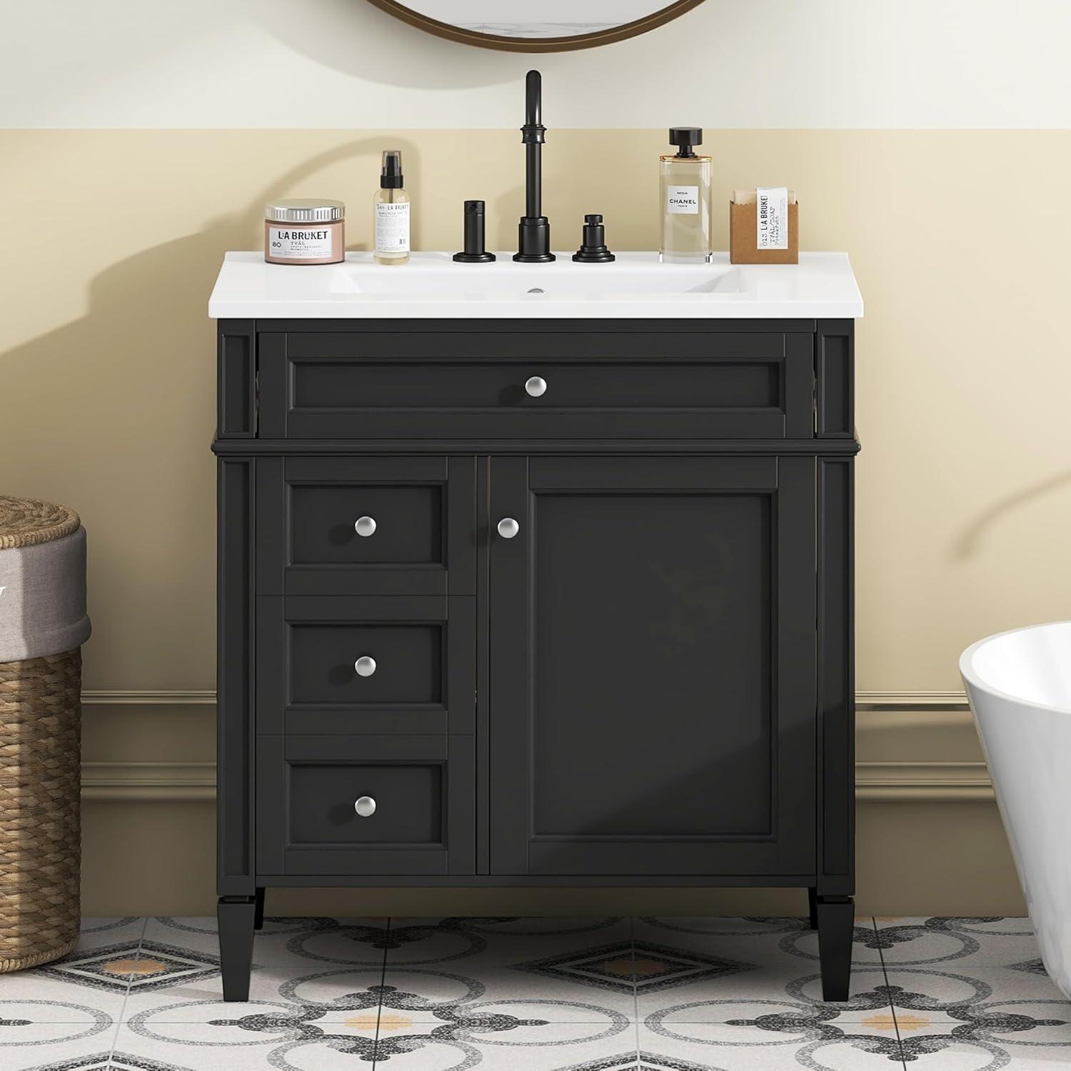HLILish 30'' Bathroom Vanity With Top Sink, Modern Bathroom Storage Cabinet With 2 Drawers And A Tip-Out Drawer, Single Sink Bathroom Vanity