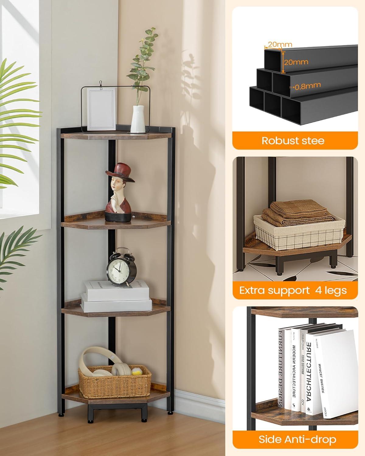 Corner Shelf Stand, Corner Bookshelf, Storage Standing Shelf Unit with Metal Frame, Plant Stand, Corner Bookcase for Living Room, Home Office, Bedroom, 4-Tier Rustic Brown CS05801B