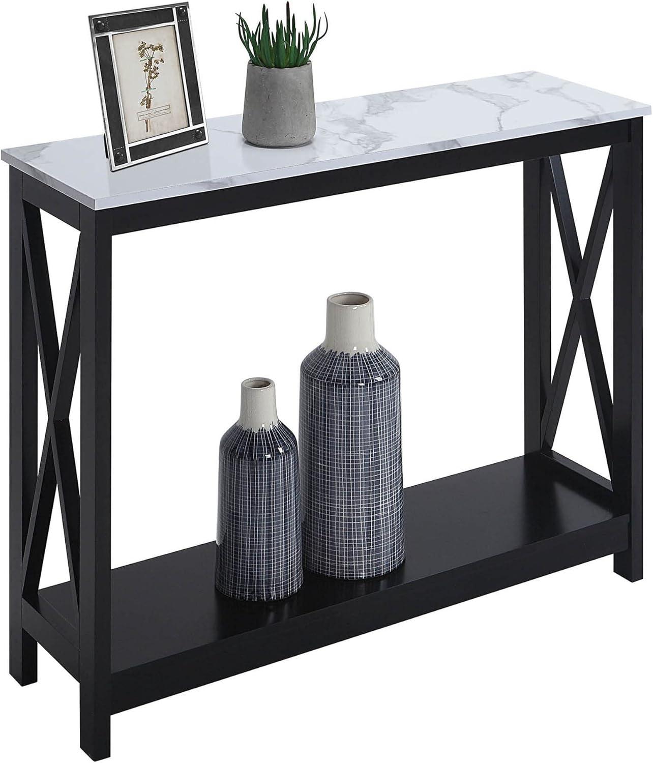 Convenience Concepts Oxford Console Table with Shelf, White Faux Marble/Black