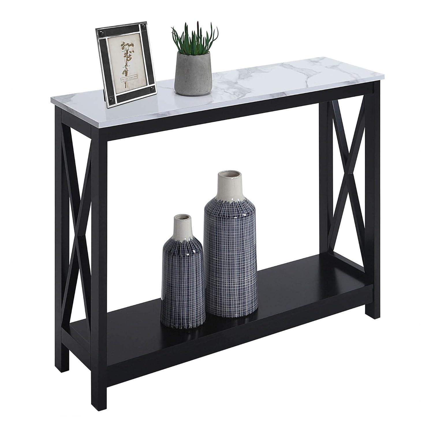 Convenience Concepts Oxford Console Table with Shelf, White Faux Marble/Black
