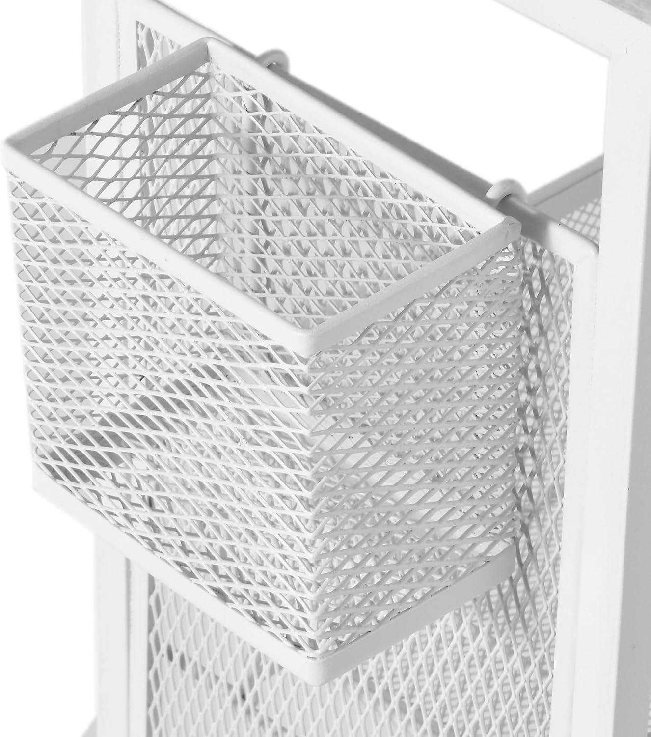 DWVO 4-Tier Slim Rolling Cart on Wheels, 34" Wooden Tabletop Kitchen Storage Organizer Cart with Wire Mesh Baskets, Slide-Out Storage Cart for Kitchen, Bathroom Living Room (White)