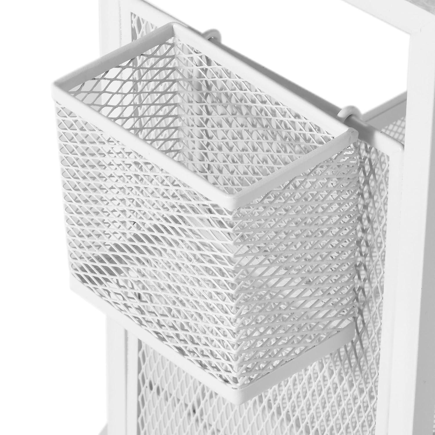 DWVO 4-Tier Slim Rolling Cart on Wheels, 34" Wooden Tabletop Kitchen Storage Organizer Cart with Wire Mesh Baskets, Slide-Out Storage Cart for Kitchen, Bathroom Living Room (White)