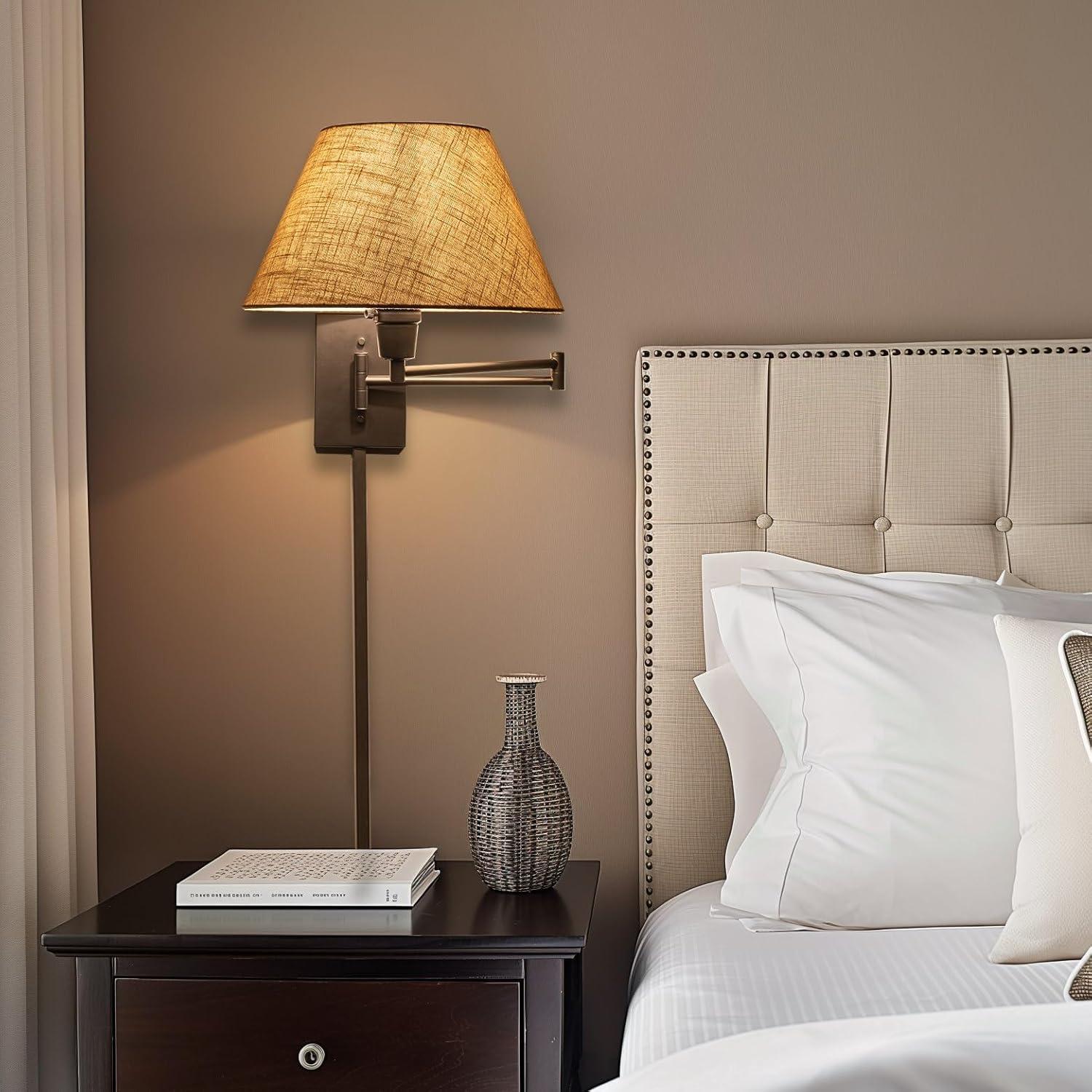 Kira Home Cambridge 13" Swing Arm Wall Lamp - Plug In/Wall Mount, Latte Mocha Fabric Shade, 150W 3-Way, Cord Covers