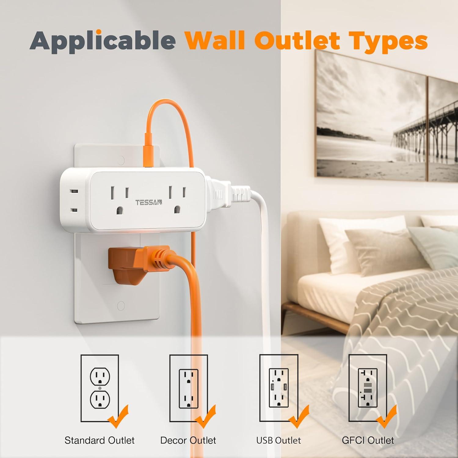 Outlet Extender Surge Protector, TESSAN Multi Wall Plug with 4 AC Electrical Outlets, 3 Sided Multiple Plug Expander, 1875W Max, Power Splitter 3 Prong Adapter for Home Bathroom Office Dorm Room