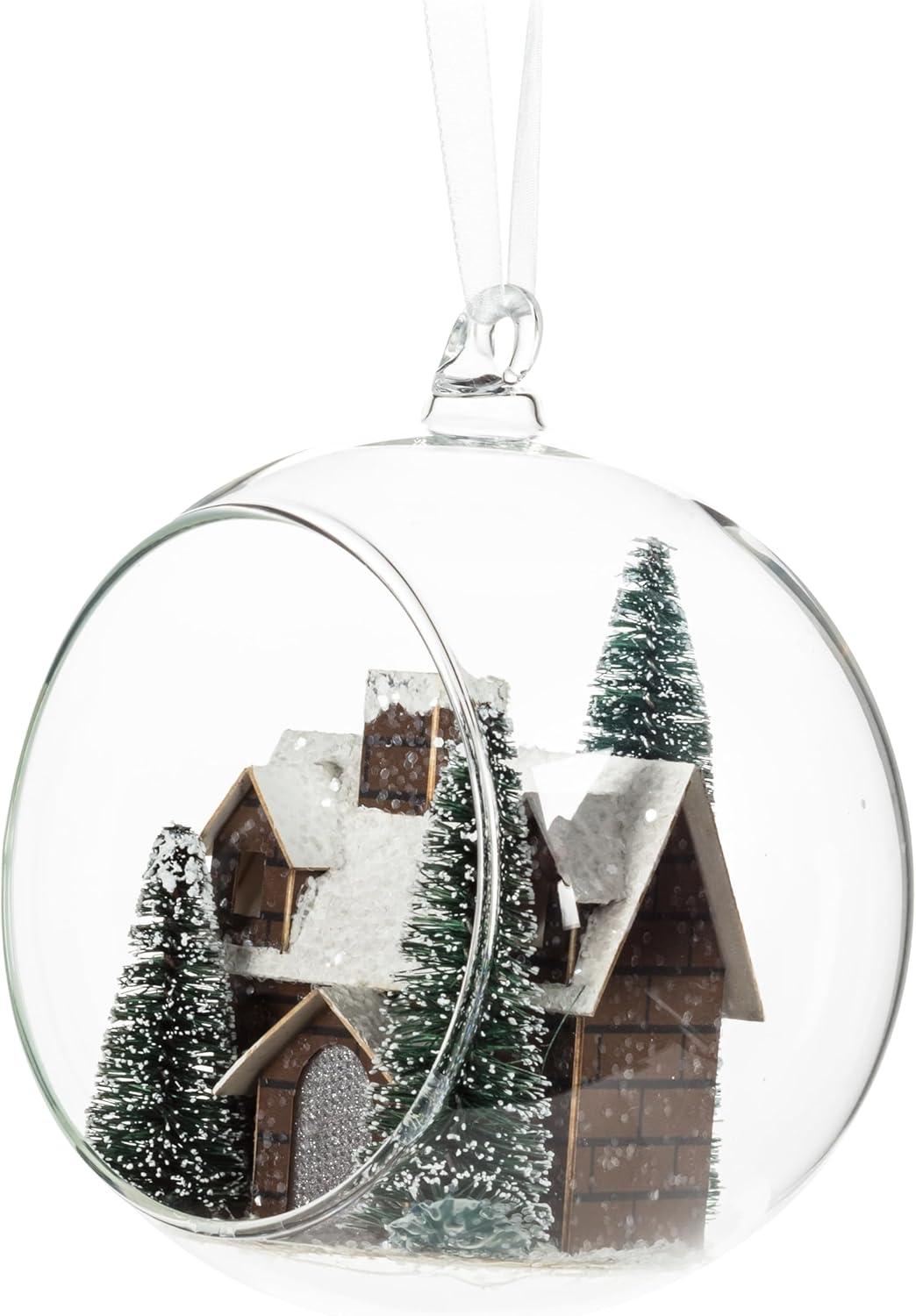 Glass Hanging Cabin and Trees Dome Ornament