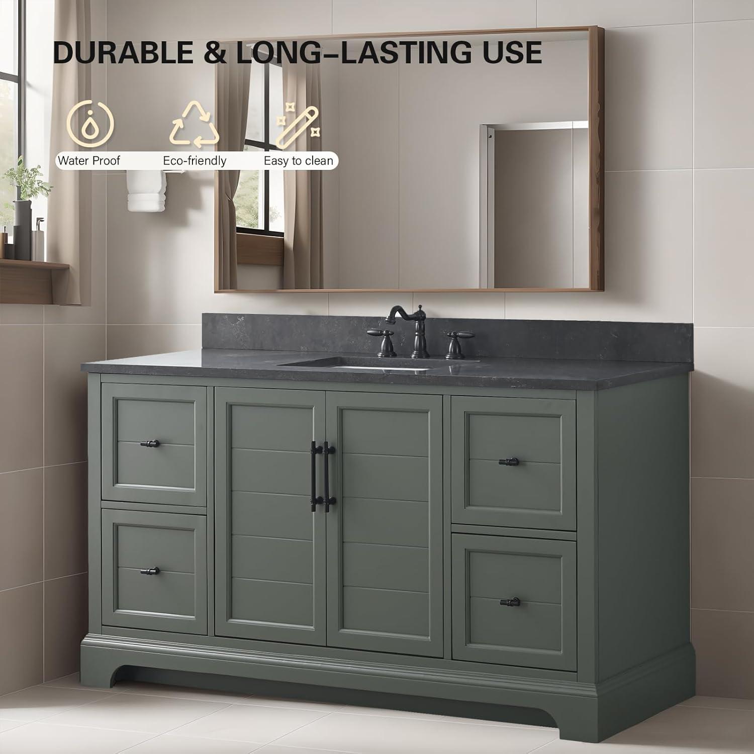 Vanity Art 60 Inch Single Sink Bathroom Vanity with Ceramic Sink and Stone Top | Undermount Rectangular Sink Cabinet Soft Closing Doors, Dovetailed Drawers, No Mirror VA5060-SVG