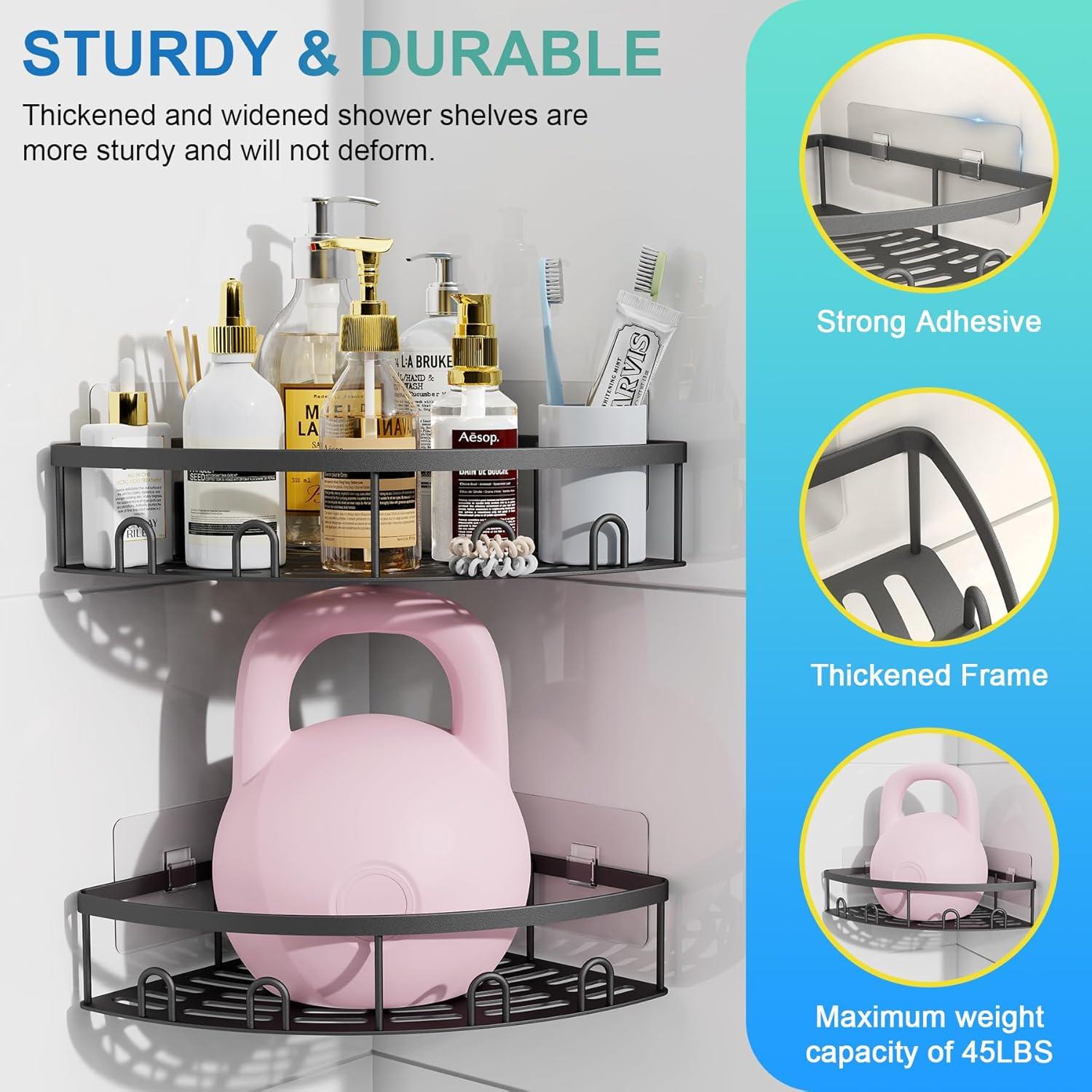Corner Shower Caddy, 2 Pack Adhesive Bathroom Shower Corner Organizer Shelf, No Drilling Rustproof Wall Mounted Shower Storage Rack Shampoo Holder Organizer (Black)