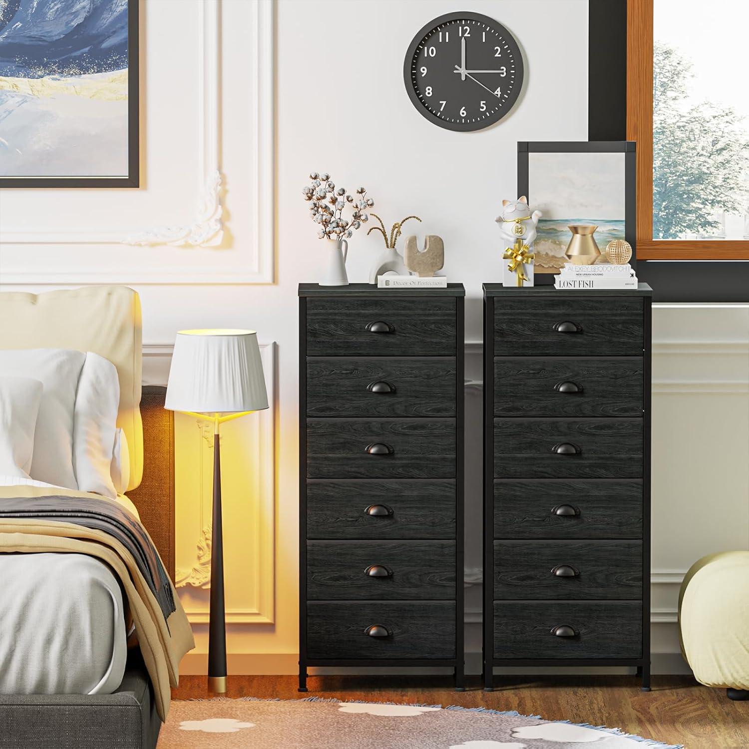 Black Oak Tall Dresser for Bedroom,Vertical Storage Tower Unit and End Table with 6 Drawers, Nightstand Furniture with Fabric Drawer Organizer in Living Room,Closet,Entryway,Hallyway