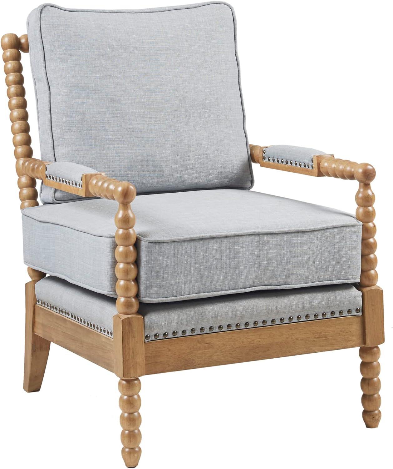 Elegant Light Blue Oakwood Accent Chair with Bronze Nailheads