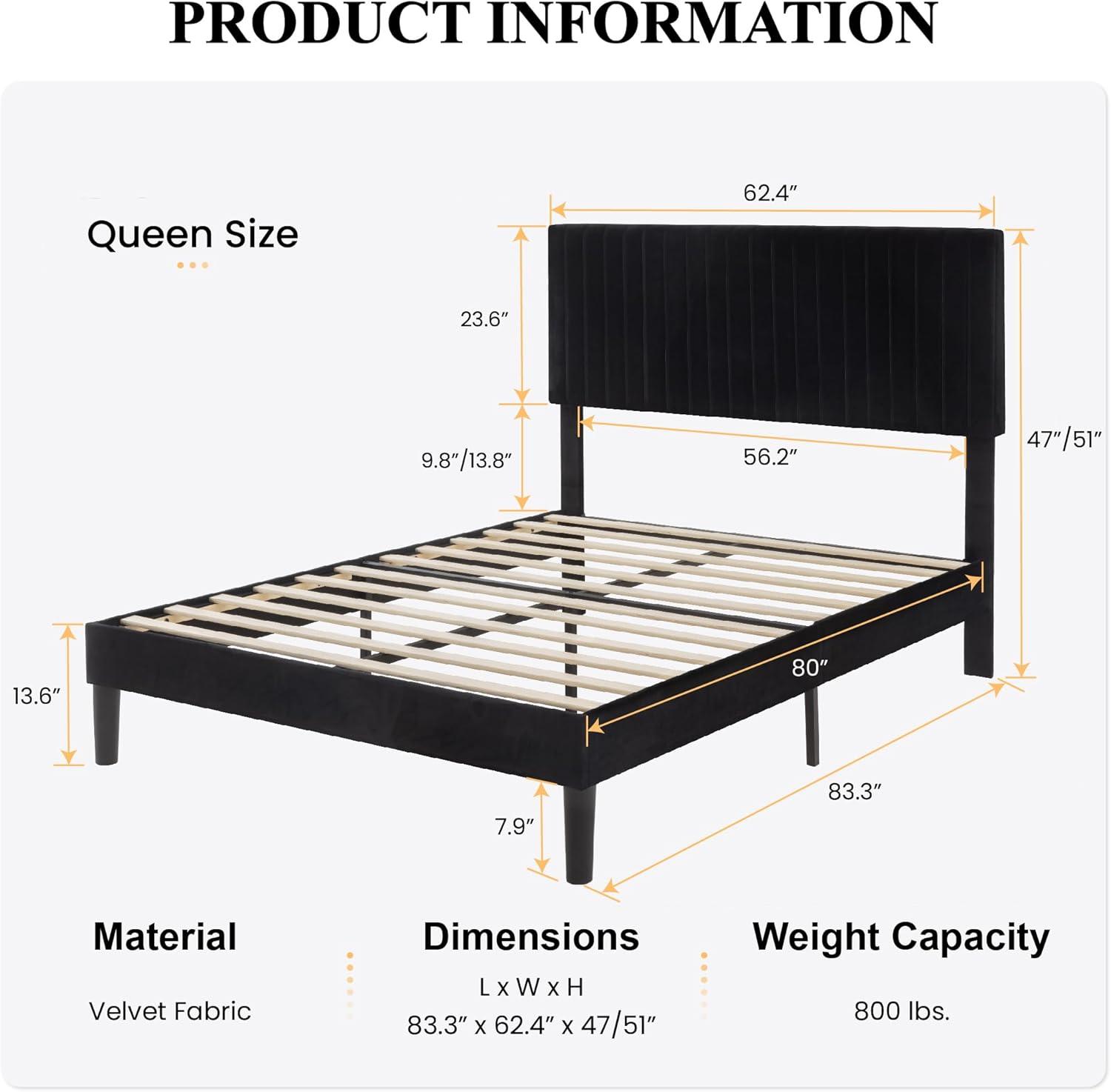 Queen Black Velvet Upholstered Platform Bed with Tufted Headboard