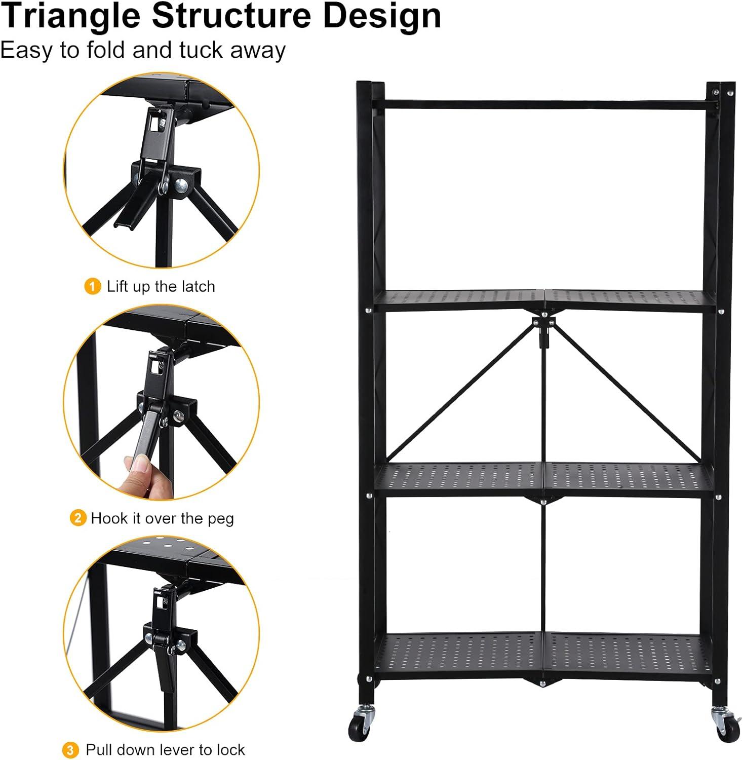 Black 4-Tier Foldable Metal Shelving Unit with Wheels