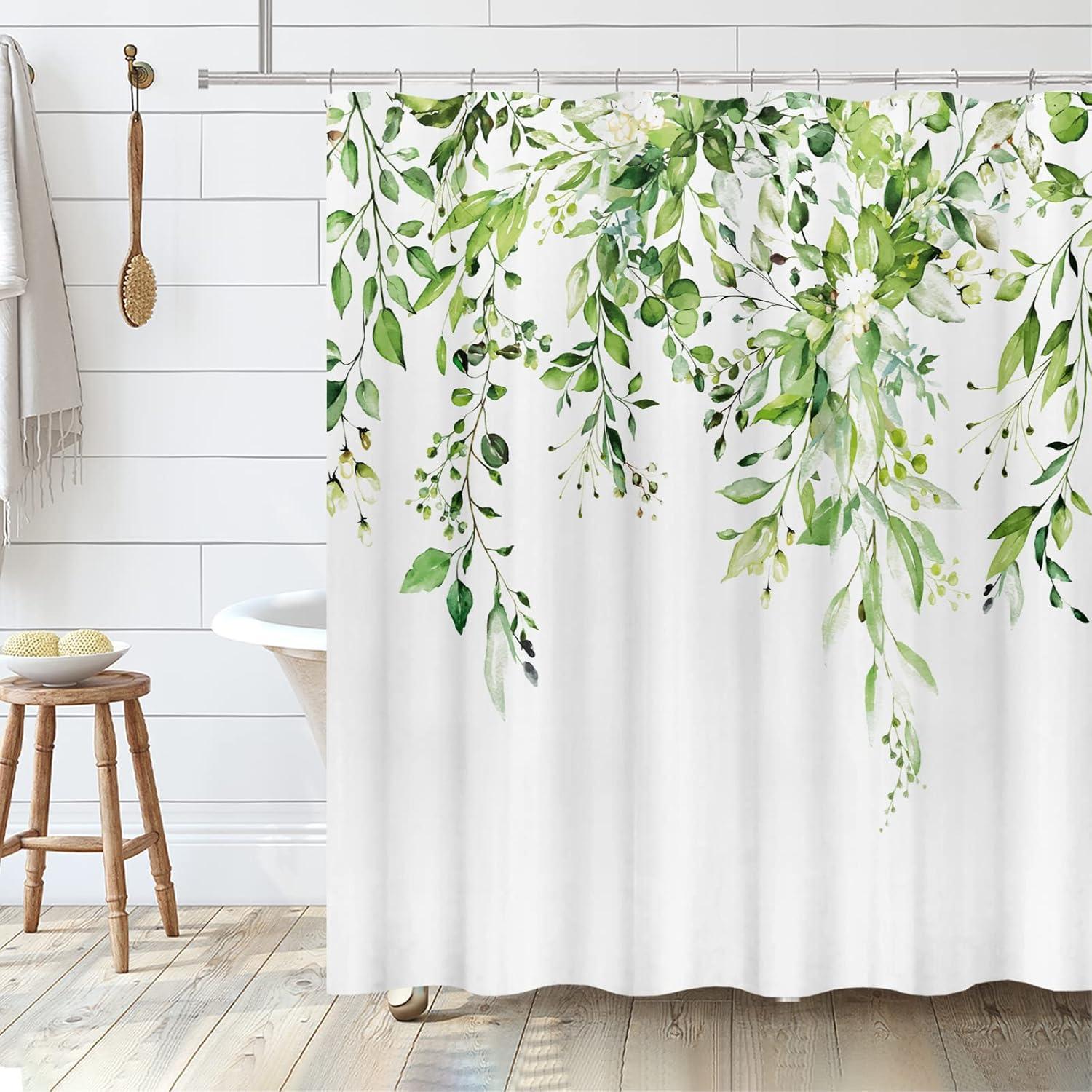 Eucalyptus Watercolor Leaves Semi-Sheer Waterproof Shower Curtain