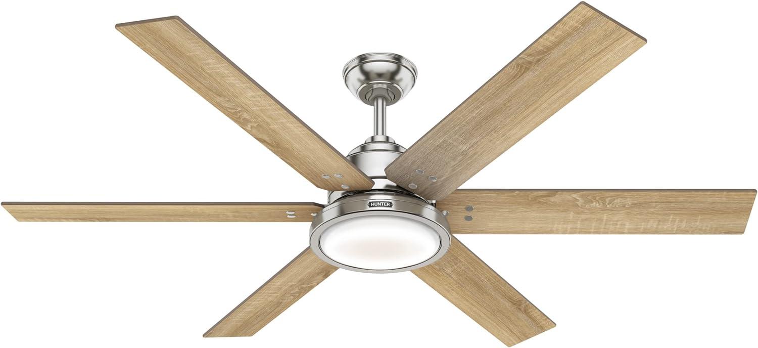 Hunter 60" Rustic Farmhouse Ceiling Fan with LED Light, Nickel Finish