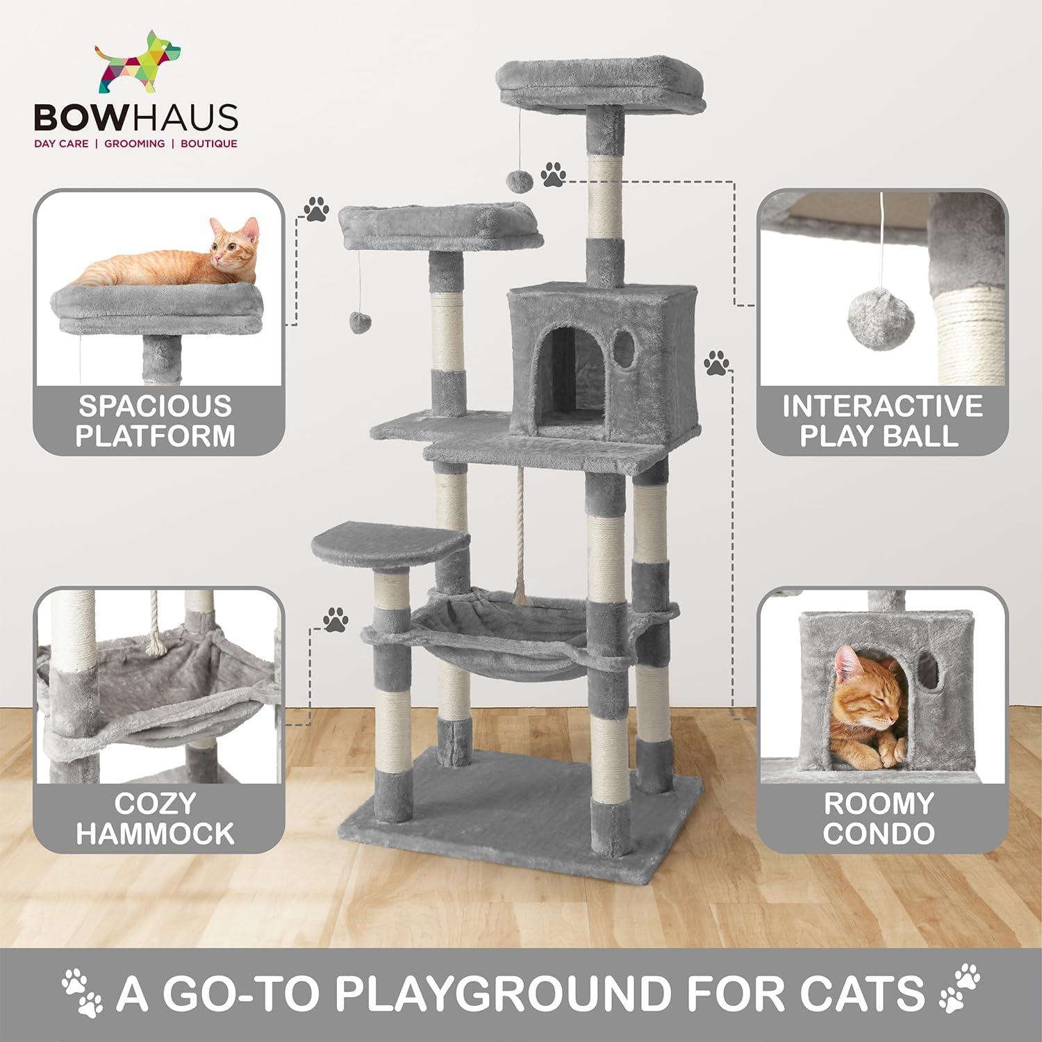 CAPHAUS Tall Cat Tree for Indoor Cats, Modern Cute 58-Inch Cat Climbing Play Tower with Top Perch for Large Cats Kittens, Multi-Level Cat Activity Tree w Scratching Posts, Hammock, Cat Cave Condo