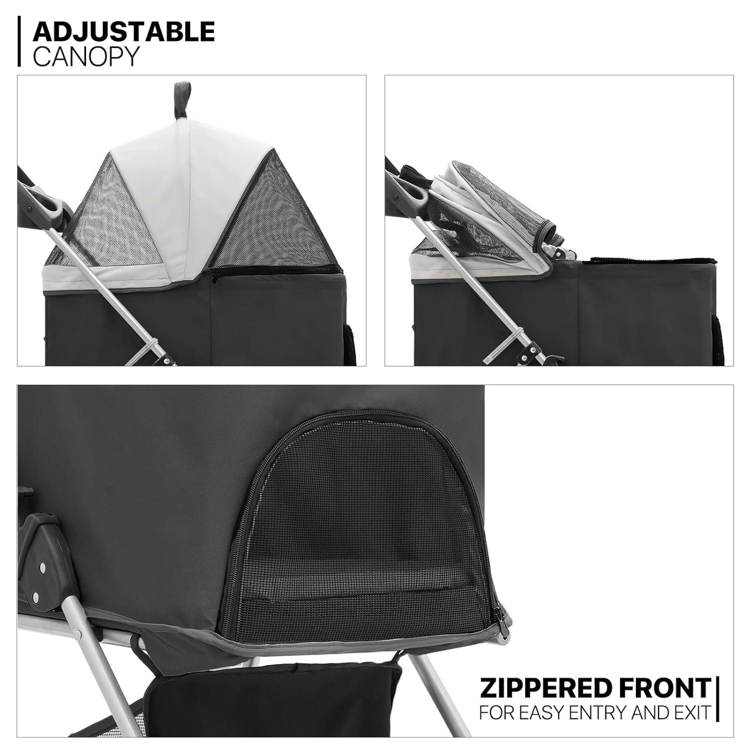 MoNiBloom 4 Wheel Foldable Dog Pet Stroller with Detachable Storage Basket, Black