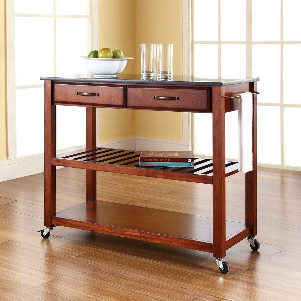 Crosley Solid Black Granite Top Kitchen Cart/Island with Optional Stool Storage Classic Cherry: Modern Rolling Furniture with Storage, 2 Shelves