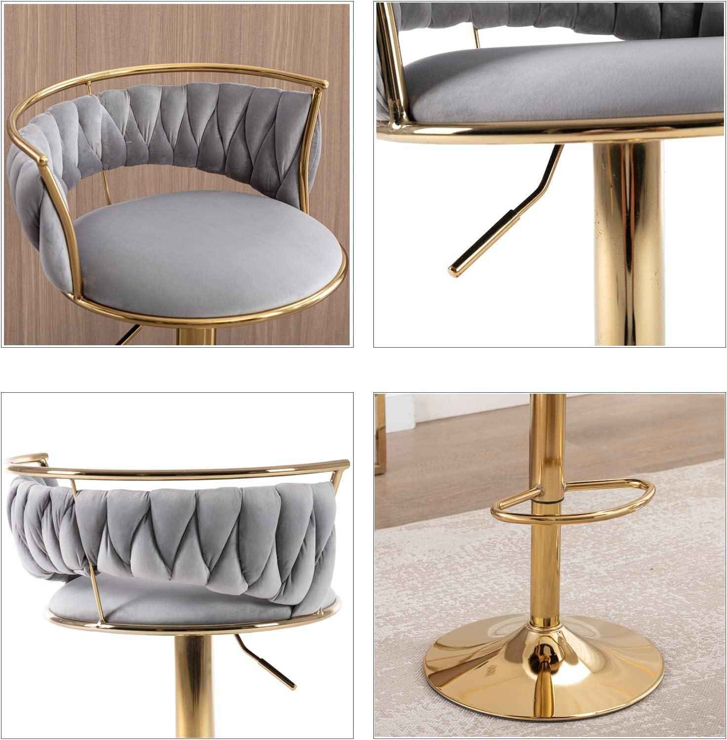 Velvet Bar Stools Set of 2, Counter Height Bar Stools with Low Back, Gold Swivel Barstools for Kitchen Island, Bar Pub (Grey)