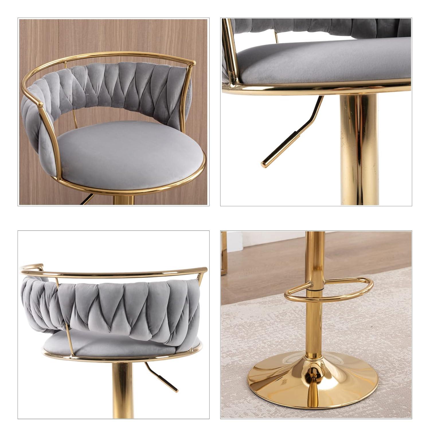 Velvet Bar Stools Set of 2, Counter Height Bar Stools with Low Back, Gold Swivel Barstools for Kitchen Island, Bar Pub (Grey)