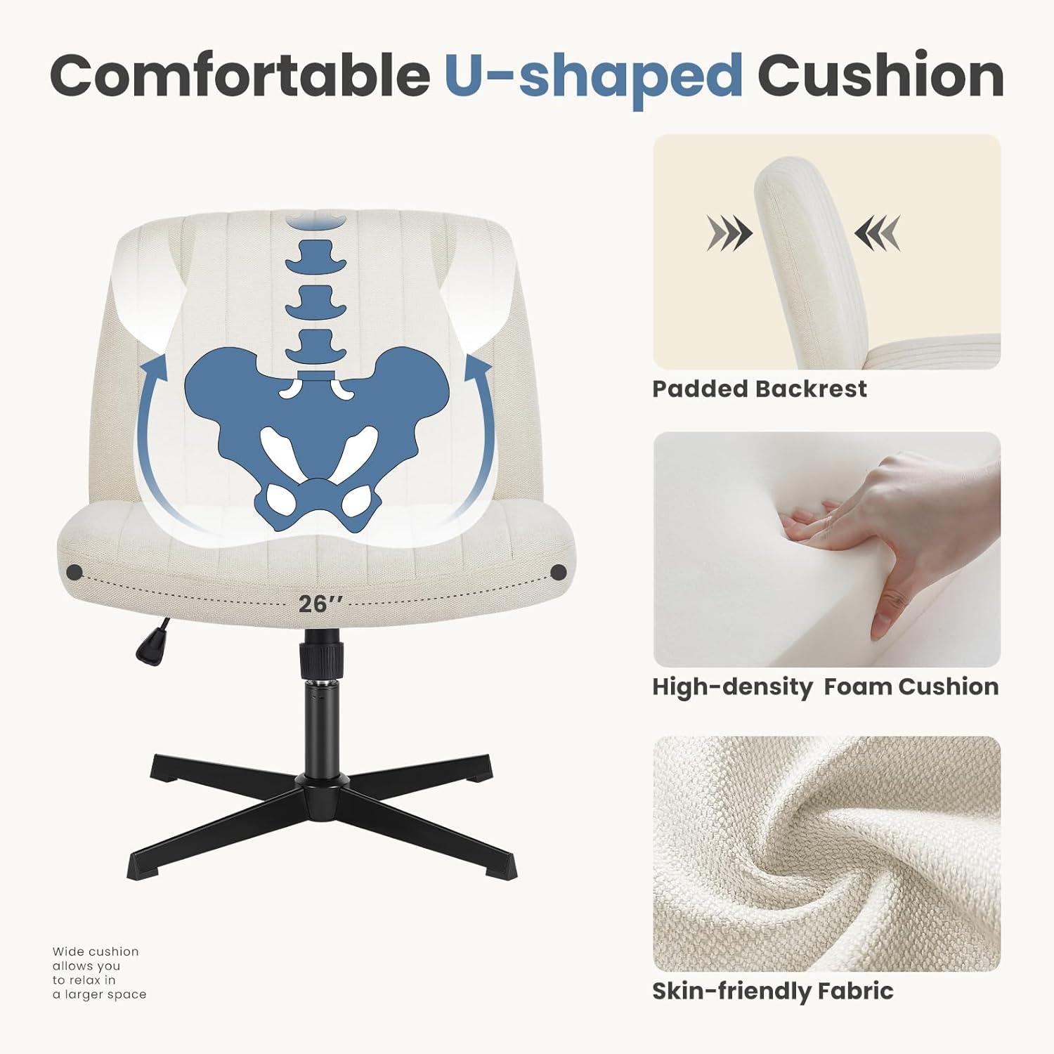 Criss Cross Chair with Wheels, Cross Legged Office Chair, Wide Comfort Desk Chair, Armless Computer Task Chair, Swivel Fabric Vanity Home Chair, Height Adjustable