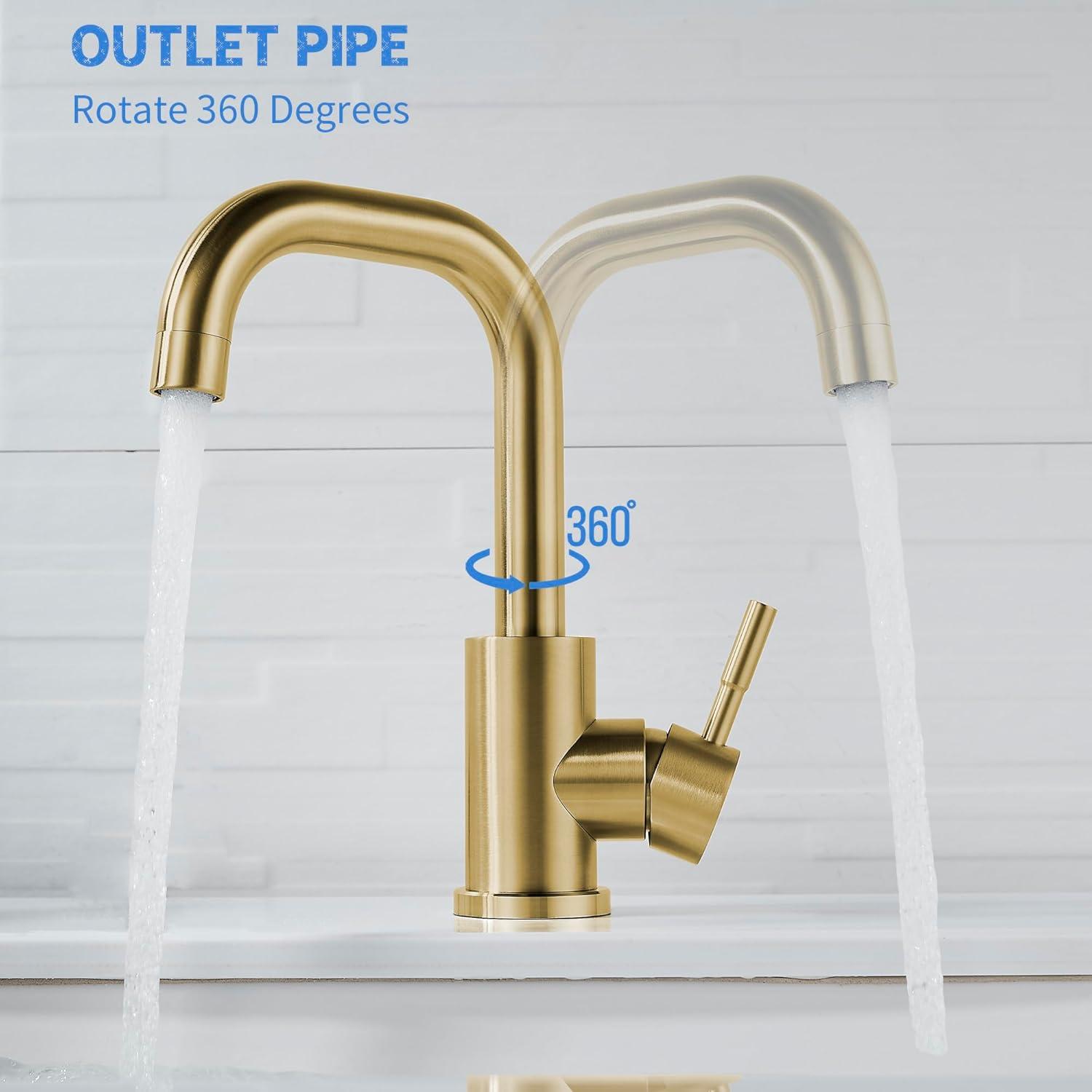 Single Hole Bathroom Sink Faucet Brushed Gold, Modern Single Handle Bathroom Faucet Stainless Steel Swivel Spout Commercial RV Bathroom Faucet Wet Bar Faucet