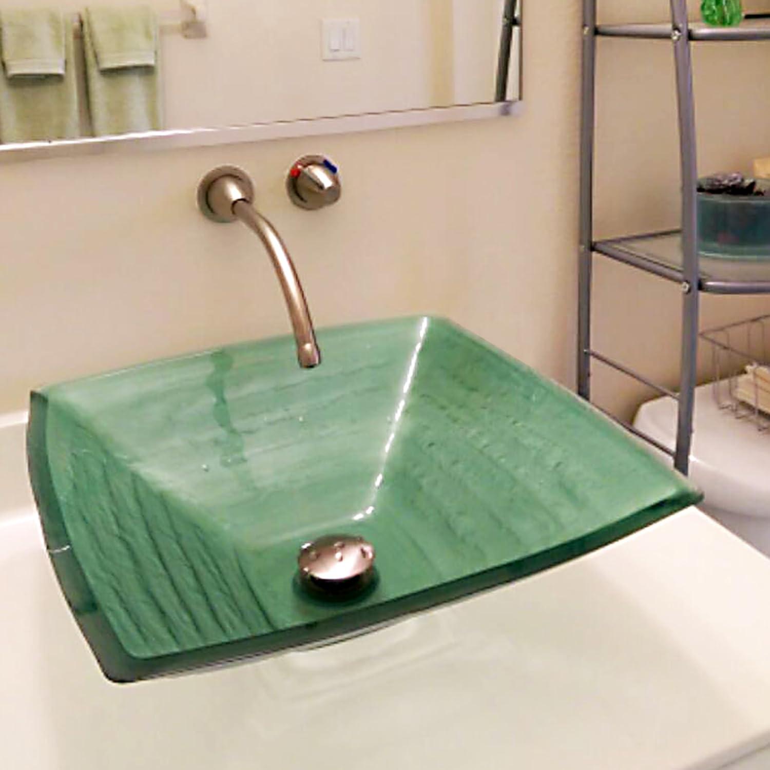 Green Lacquered Glass Square Above-Counter Bathroom Sink