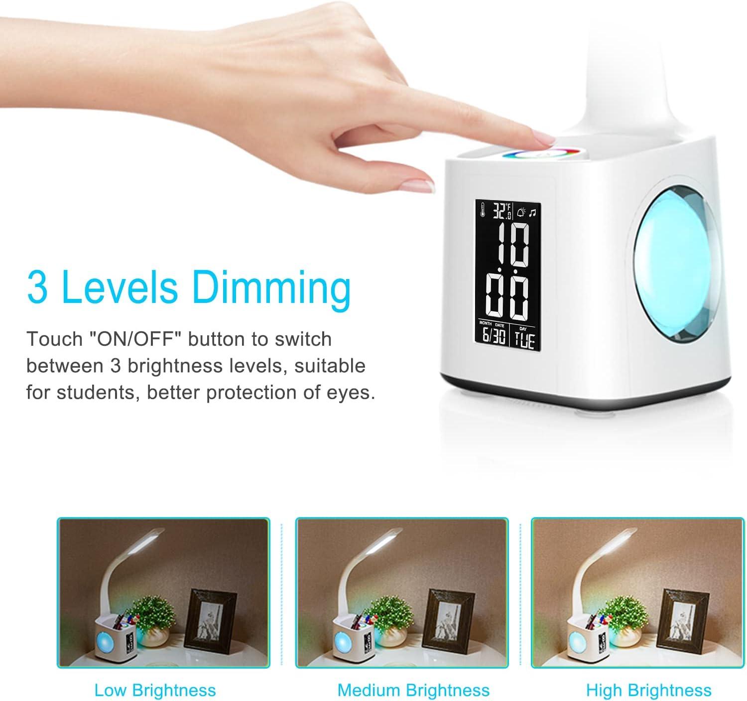 Study Desk Lamp with USB Charging Port&Screen&Calendar&Color Night Light, Kids Dimmable LED Table Lamp with Pen Holder&Clock, Reading Light for Students,10W