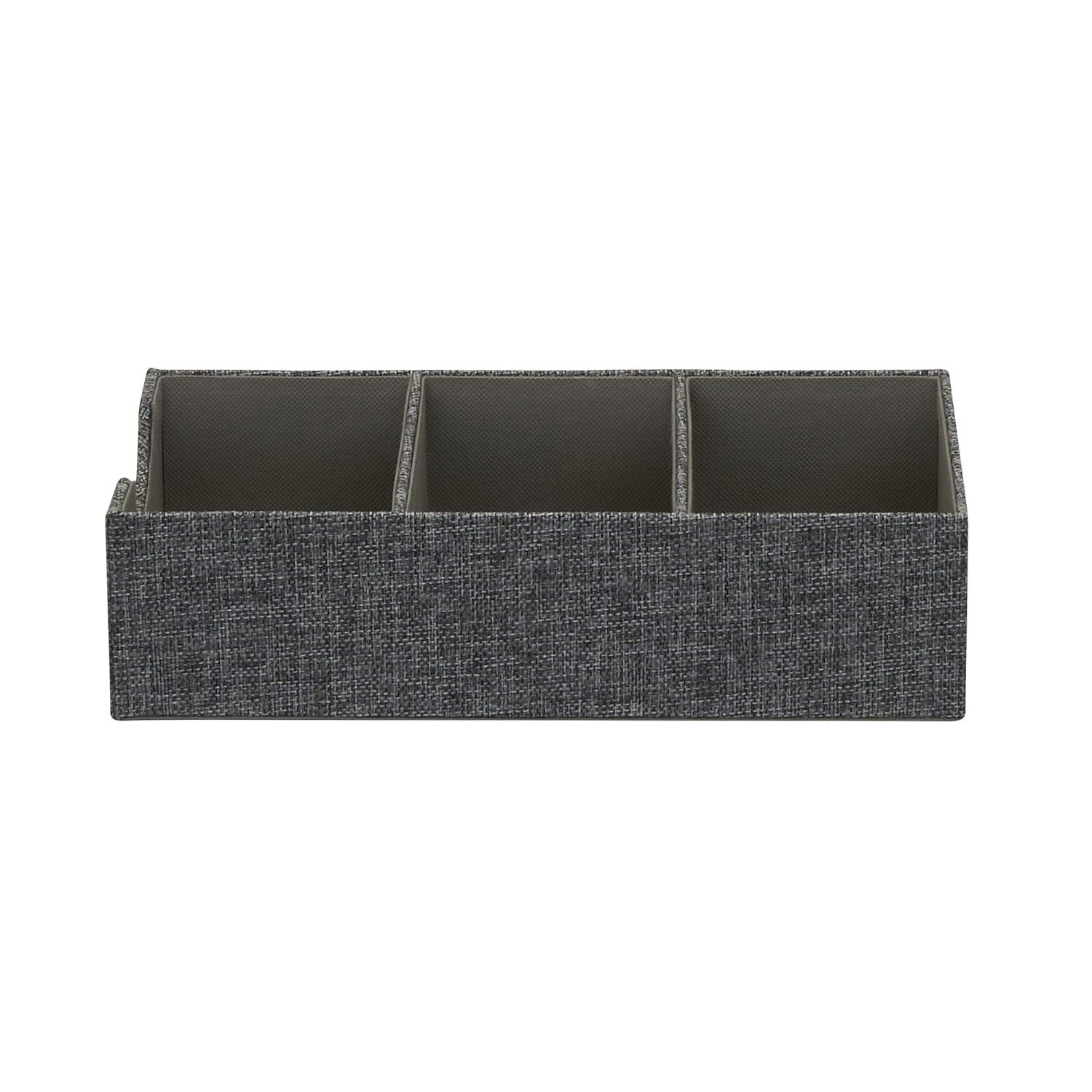 Household Essentials Set of 2 3-Section Drawer Trays Graphite Linen: Stackable Decorative Storage Boxes, Gray, 12"x6"
