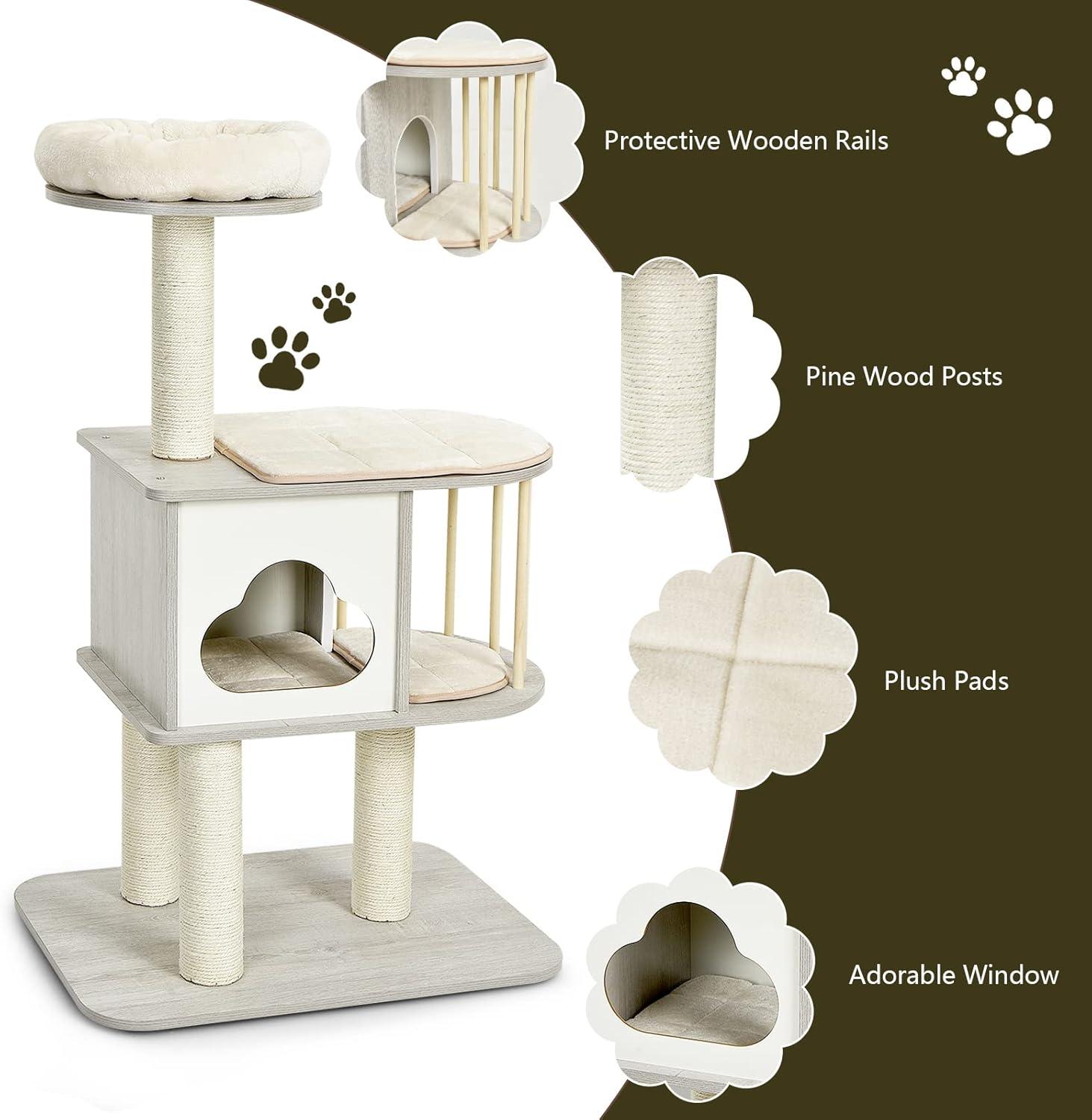 46'' Light Gray Wooden Cat Tree with Sisal Posts and Cushions