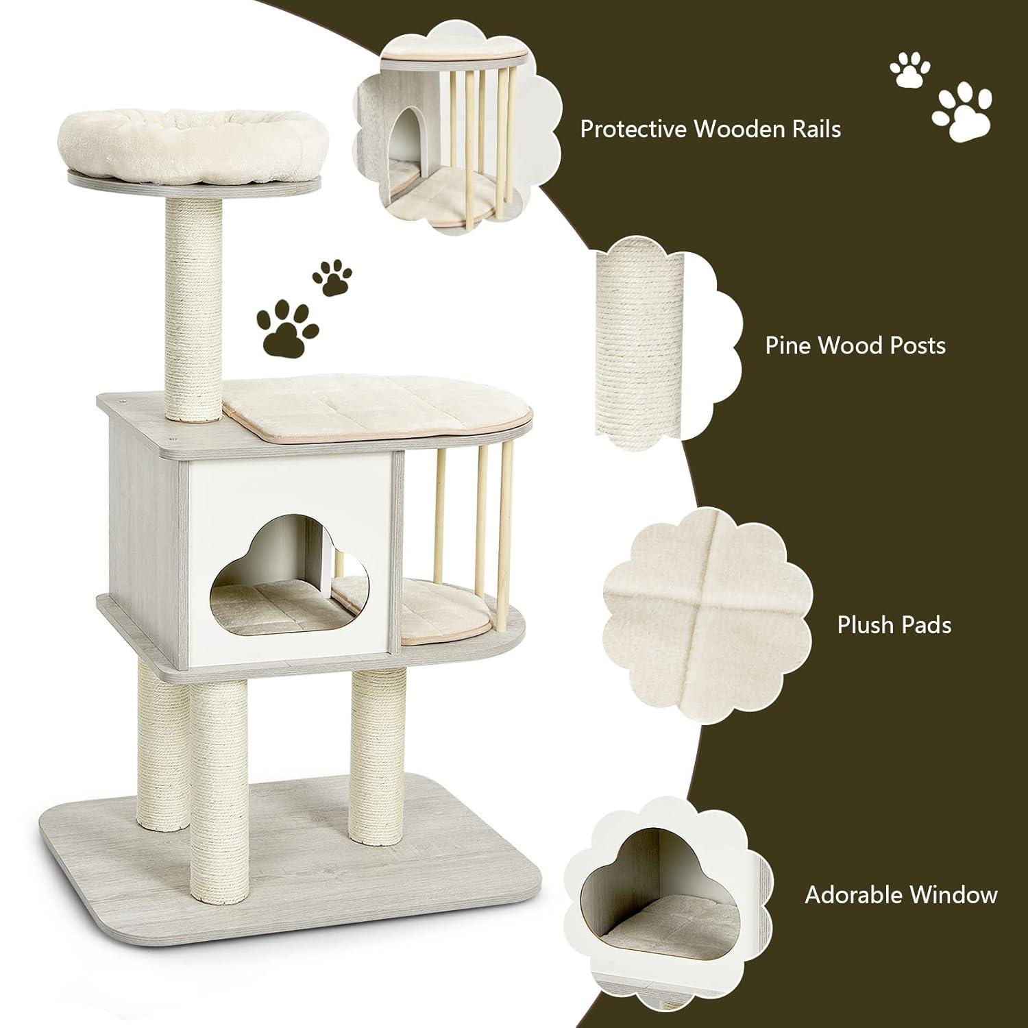 46'' Light Gray Wooden Cat Tree with Sisal Posts and Cushions