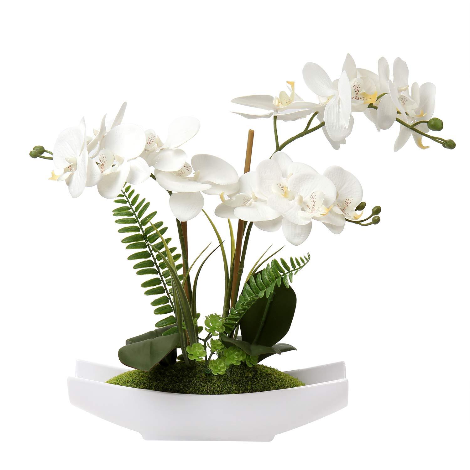 15" Artificial Orchid Flowers Phalaenopsis Flower Arrangements in Silver Vase Wedding Party Home Decor