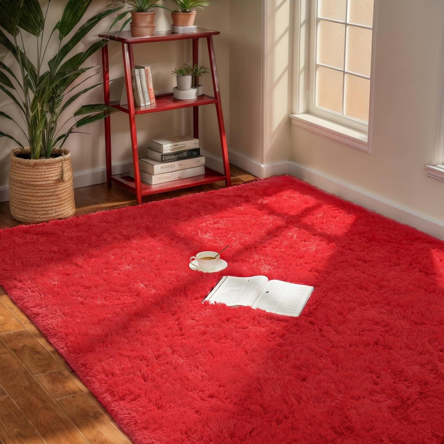 Softlife Super Soft Rug For Living Room Fluffy Rugs For Dorm Room Cute Plush carpet For Bedroom,8' x 10',Red