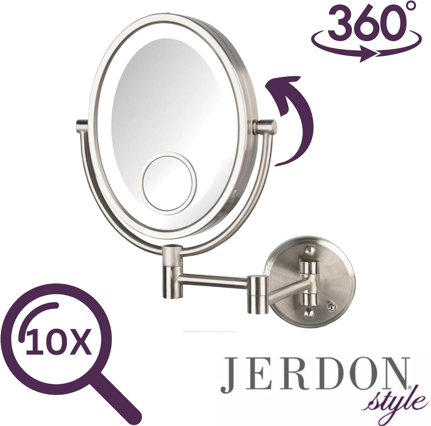 Jerdon 8 inch by 10 inch Oval Wall-Mounted Lighted Makeup Mirror with 10X-1X and 15X Spot Magnification, Nickel Finish, Direct Wire -Model HL9515NLD