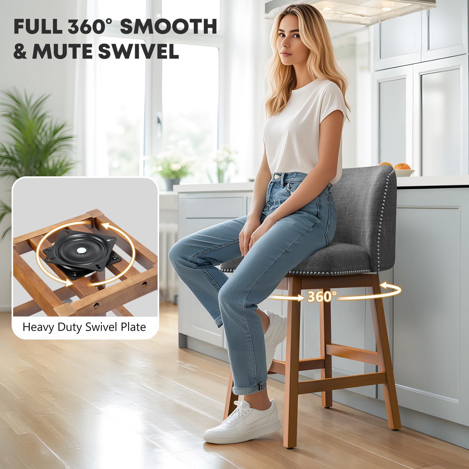 George Oliver Bar Stools Set of 2 Counter Height Chairs with Footrest for Kitchen, Dining Room And 360 Degree Solid Wood Legs Swivel Bar Stools Set of 2(Linen)