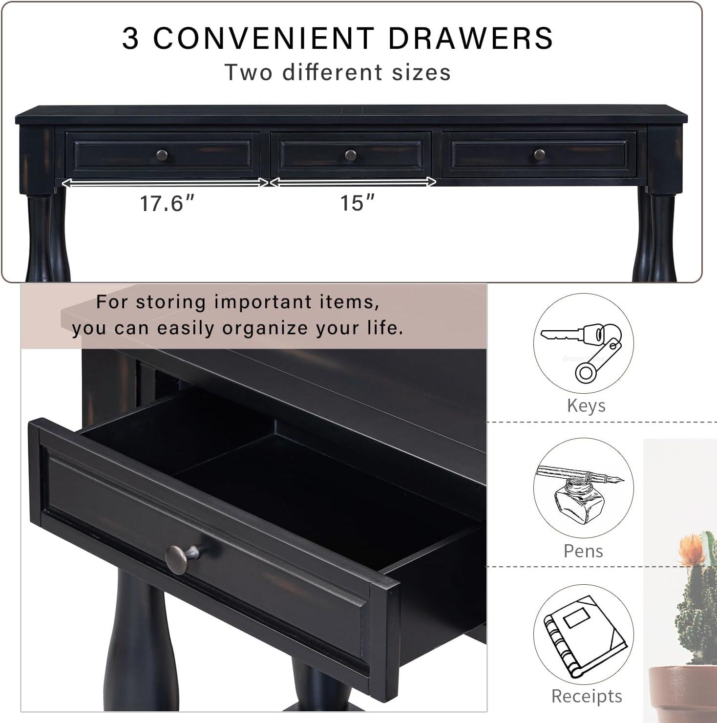 merax LUMISOL 64 inch Long Console Table with 3 Drawers and Bottom Shelf, Sofa Table Entryway Table for Hallway, Living Room, Easy Assembly (Distressed Black)