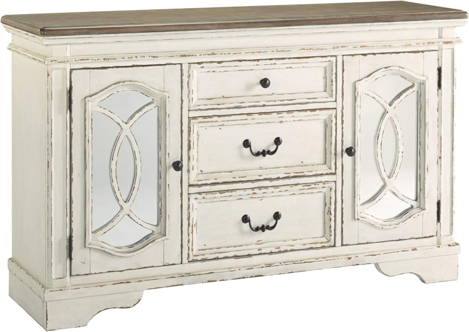 Chipped White and Distressed Wood Mirrored 59'' Rustic Sideboard