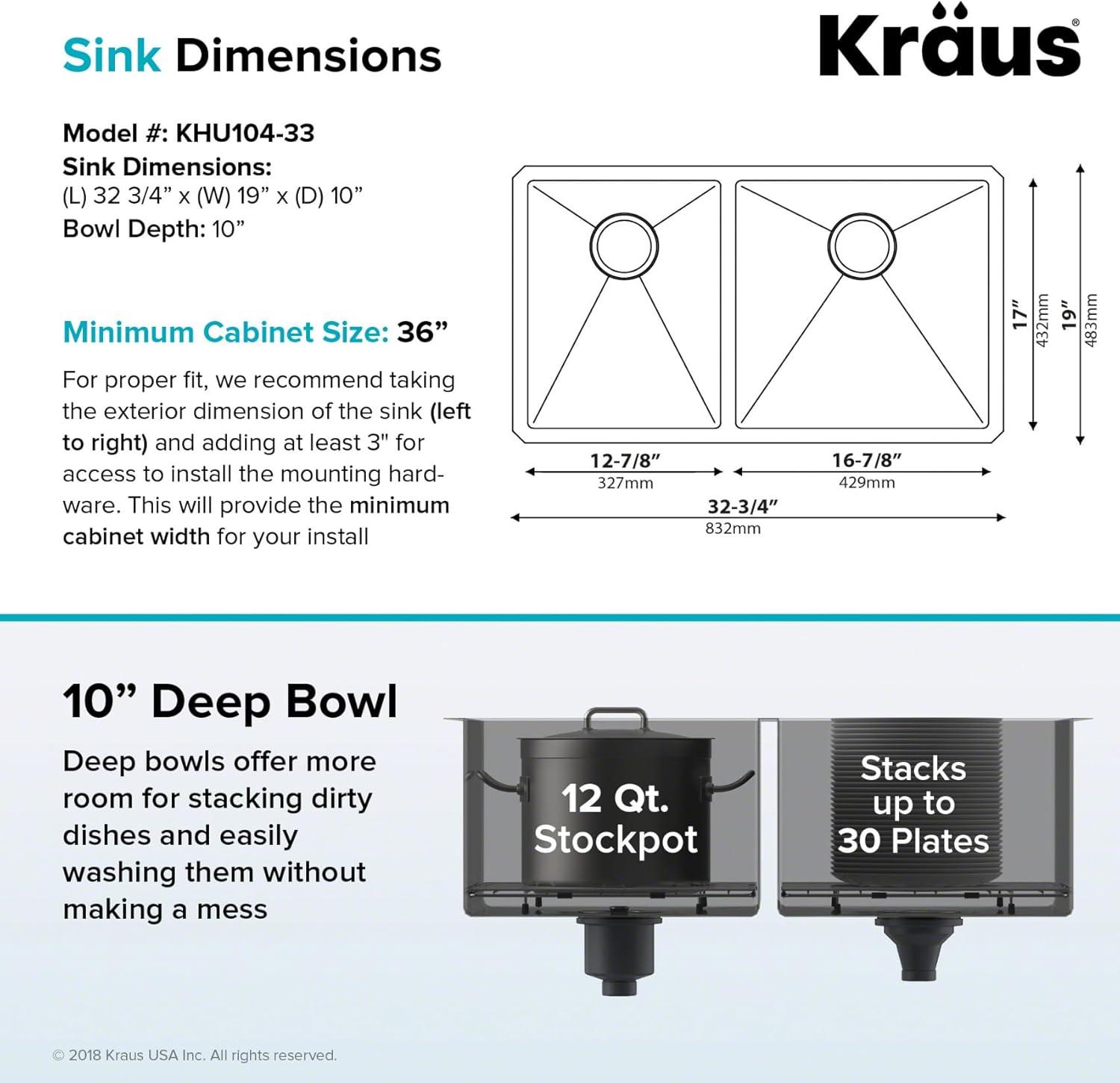 Kraus 33'' Satin Stainless Steel Double Bowl Undermount Kitchen Sink