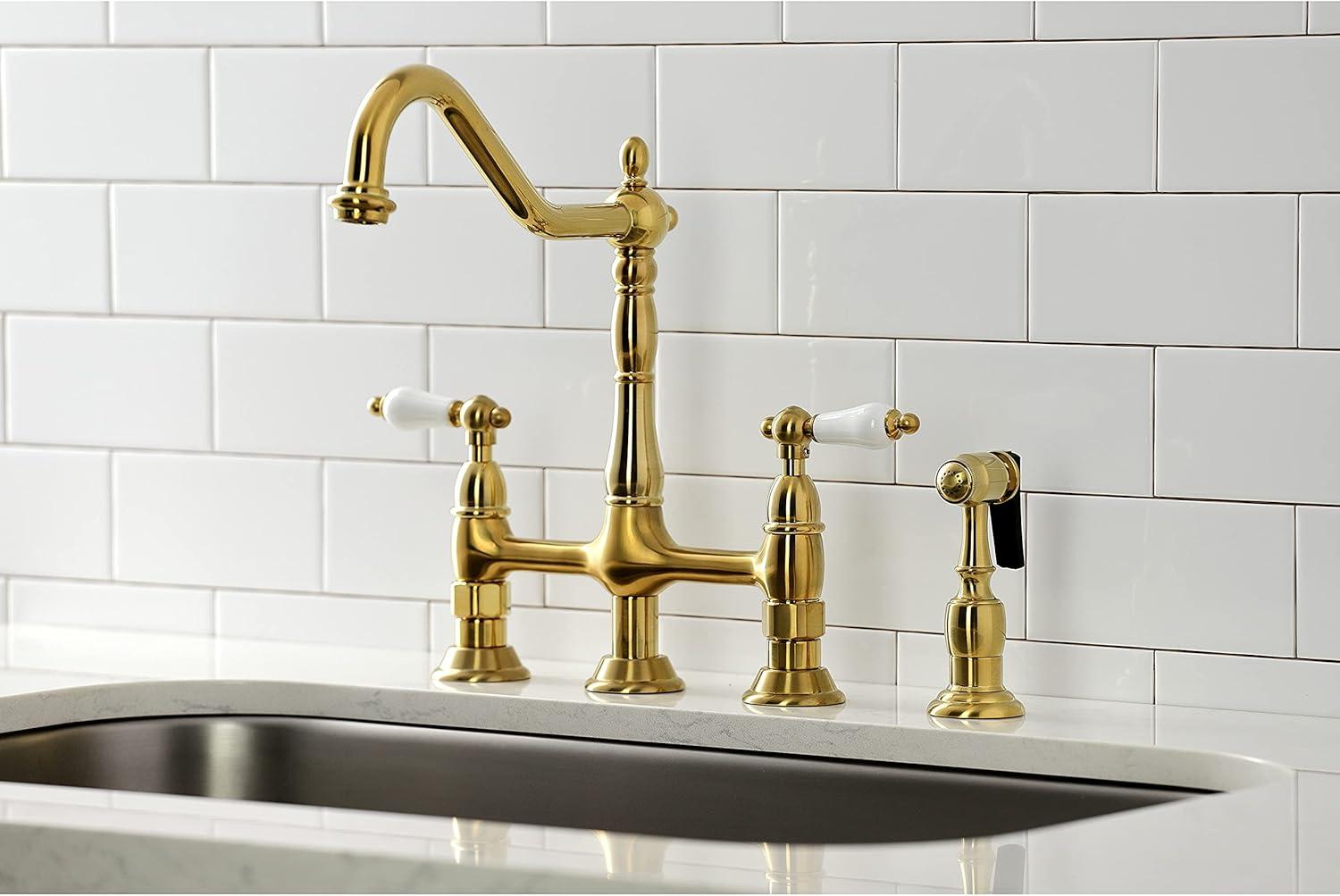 Kingston Brass Heritage Two-Handle 4-Hole Deck Mount Bridge Kitchen Faucet with Brass Side Sprayer